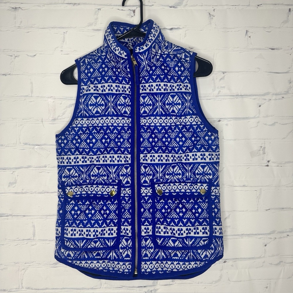 J. Crew Blue and White Fair Isle Quilted Vest XXS